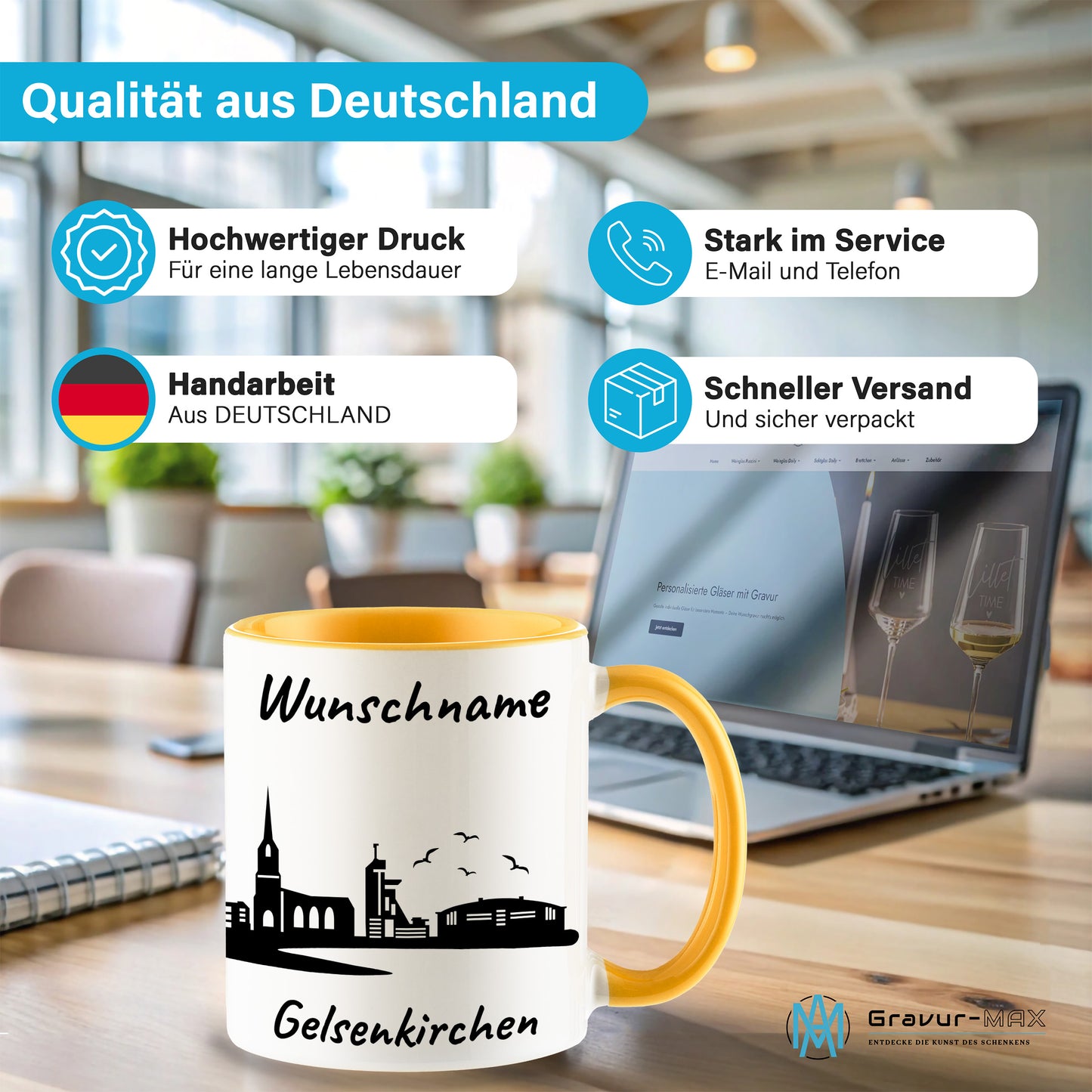 Tasse in Goldgelb 330ml bedruckt mit der Skyline von Gelsenkirchen personalisierbar mit Wunschname