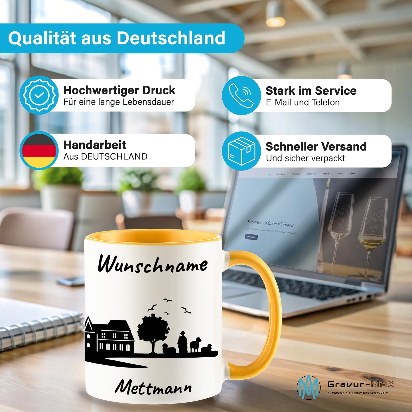 Tasse in Goldgelb 330ml bedruckt mit der Skyline von Mettmann personalisierbar mit Wunschname