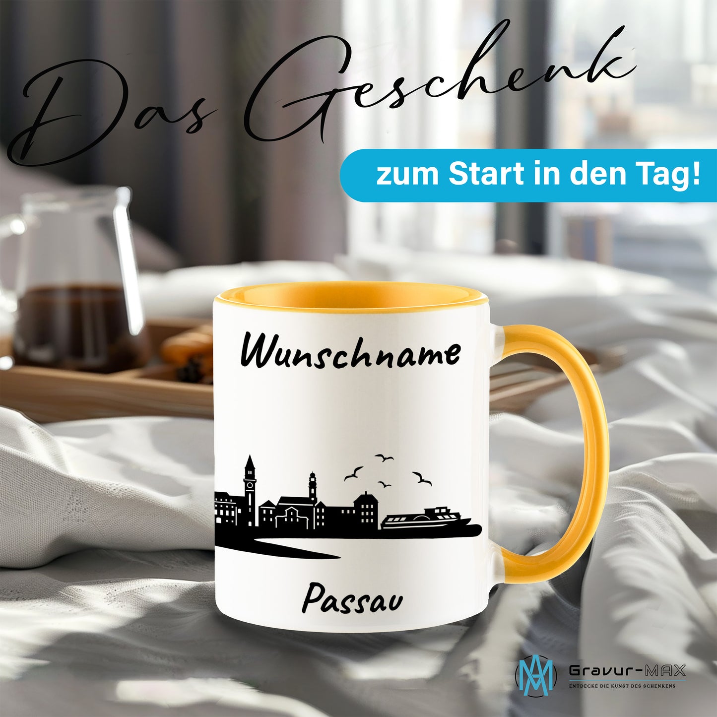 Tasse in Goldgelb 330ml bedruckt mit der Skyline von Passau personalisierbar mit Wunschname