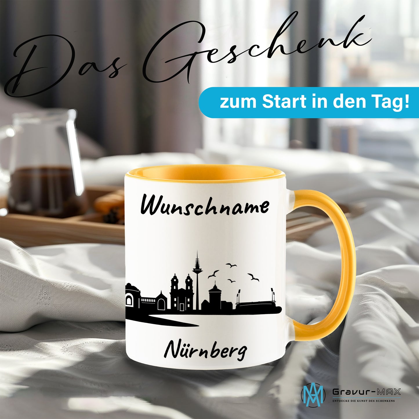 Tasse in Goldgelb 330ml bedruckt mit der Skyline von Nürnberg personalisierbar mit Wunschname