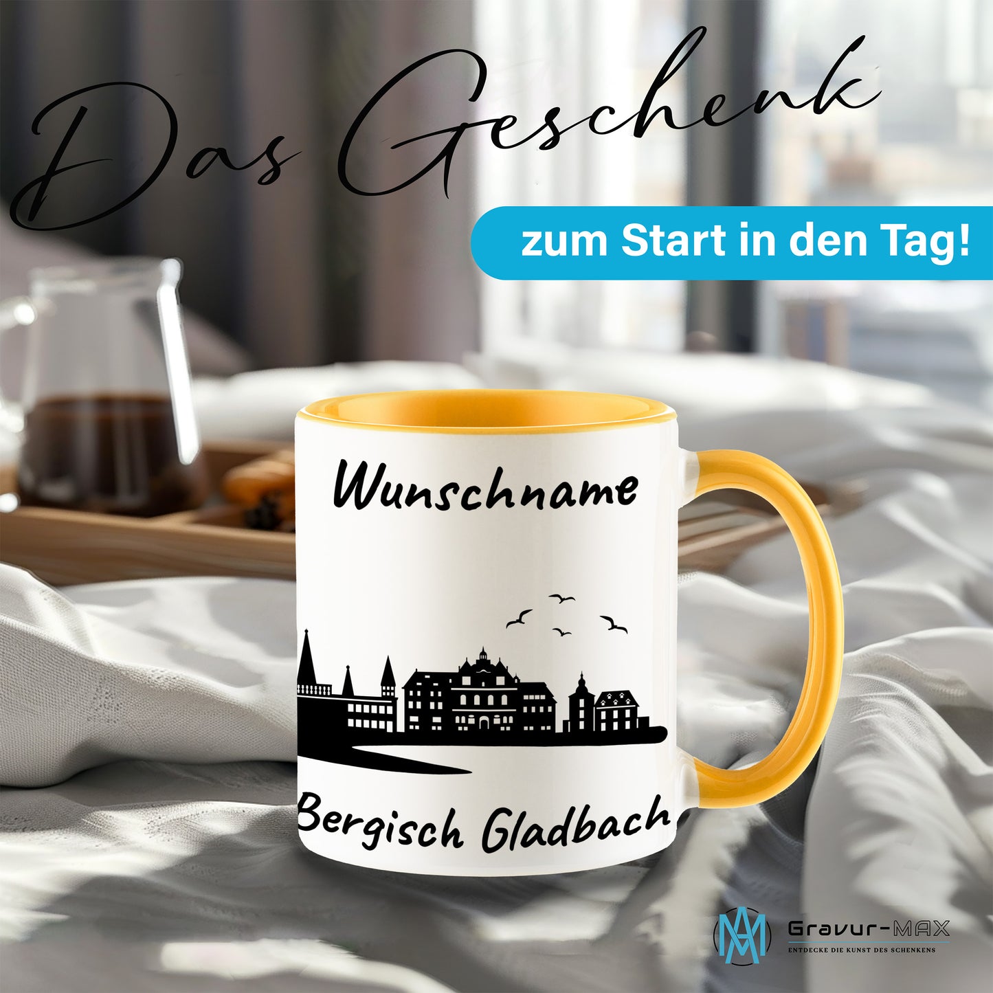 Tasse in Goldgelb 330ml bedruckt mit der Skyline von Bergisch Gladbach personalisierbar mit Wunschname