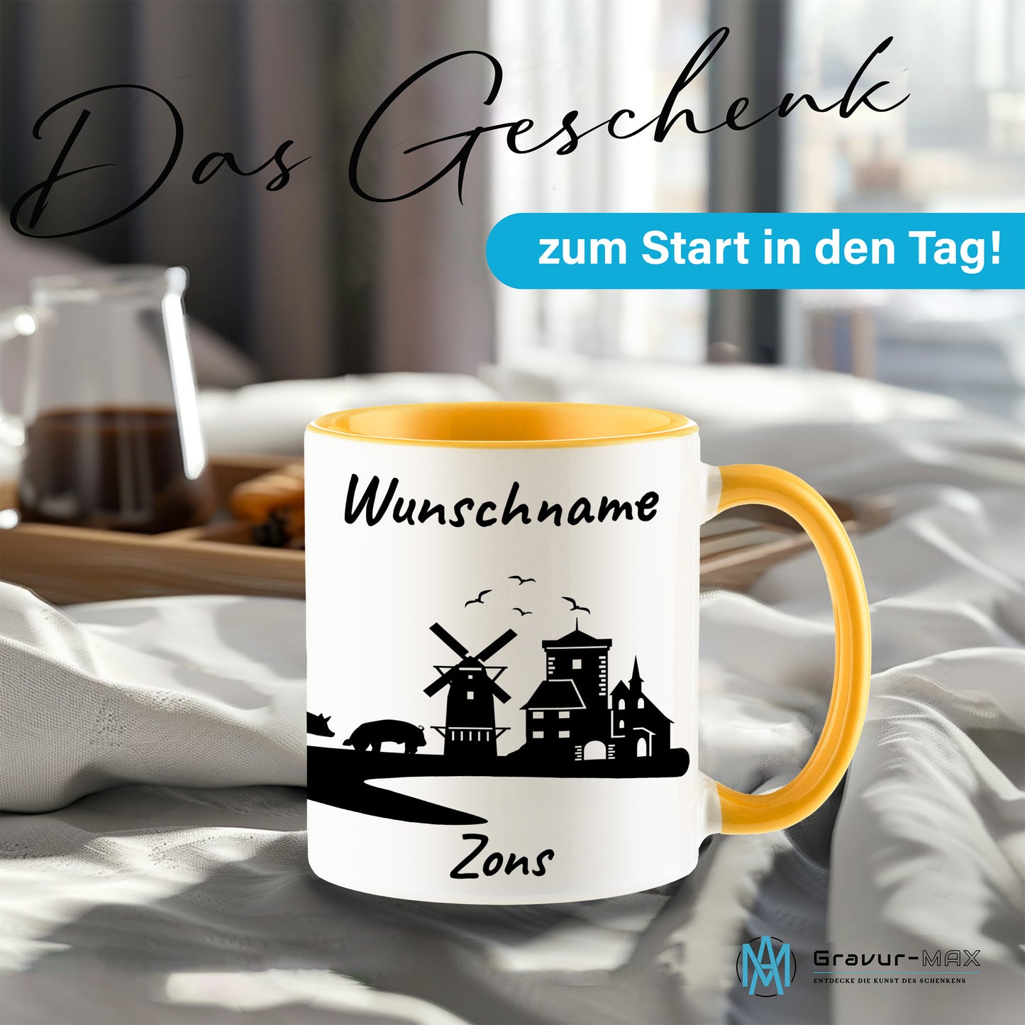 Tasse in Goldgelb 330ml bedruckt mit der Skyline von Zons (Dormagen) personalisierbar mit Wunschname