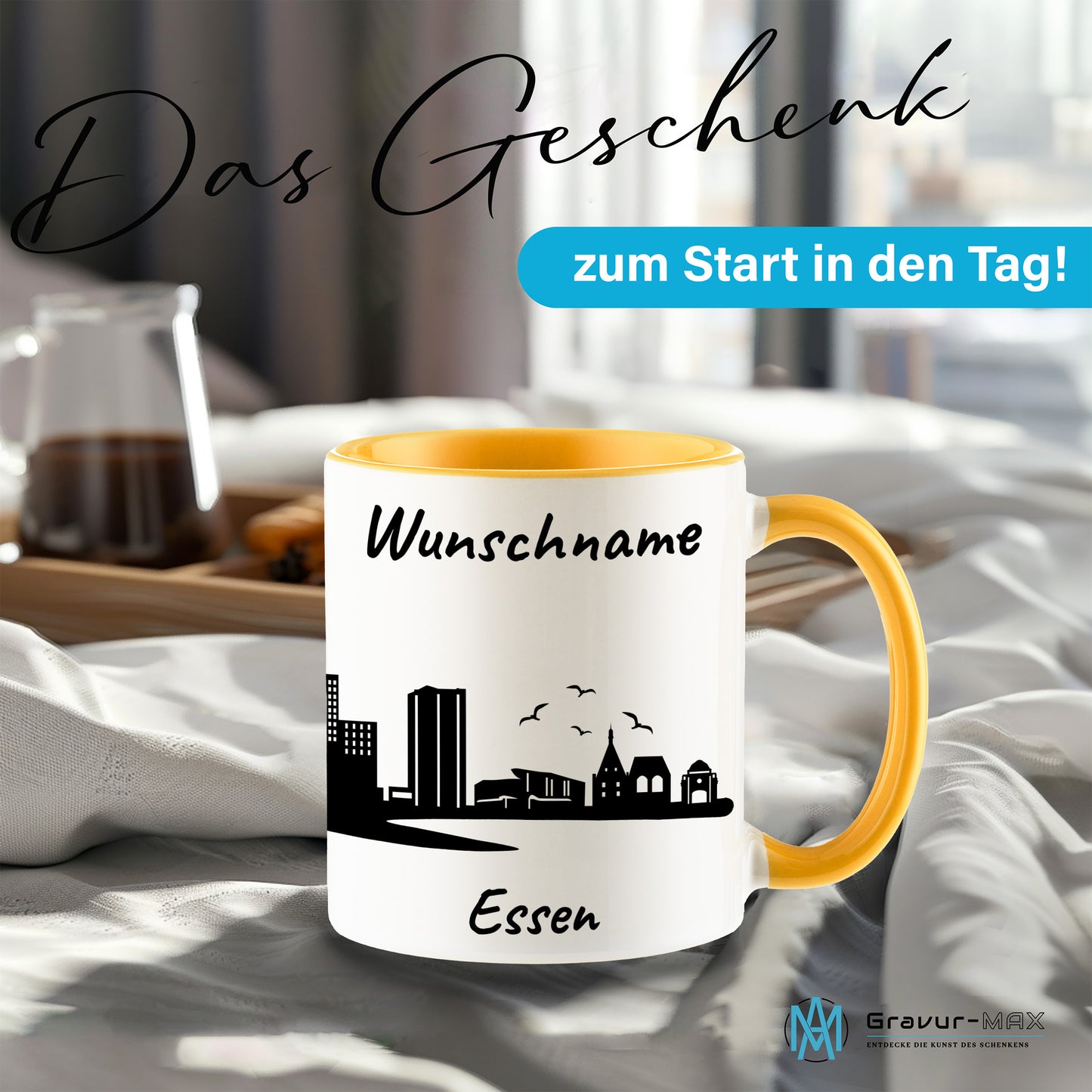 Tasse in Goldgelb 330ml bedruckt mit der Skyline von Essen personalisierbar mit Wunschname