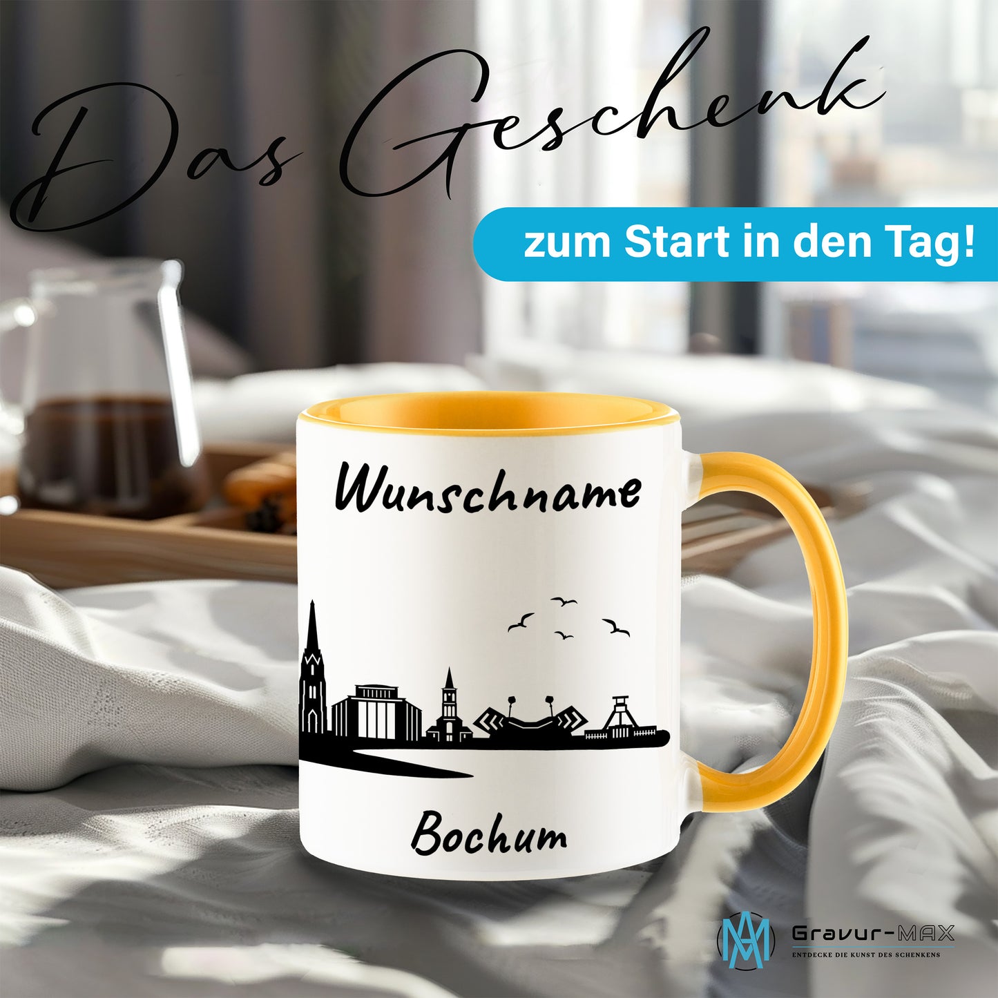 Tasse in Goldgelb 330ml bedruckt mit der Skyline von Bochum personalisierbar mit Wunschname