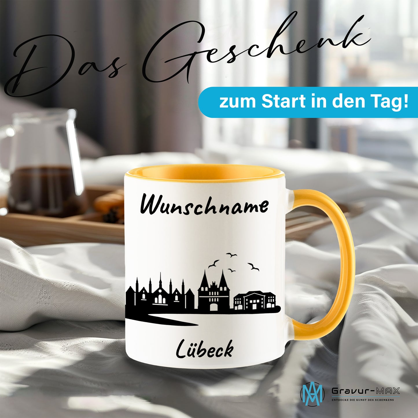 Tasse in Goldgelb 330ml bedruckt mit der Skyline von Lübeck personalisierbar mit Wunschname