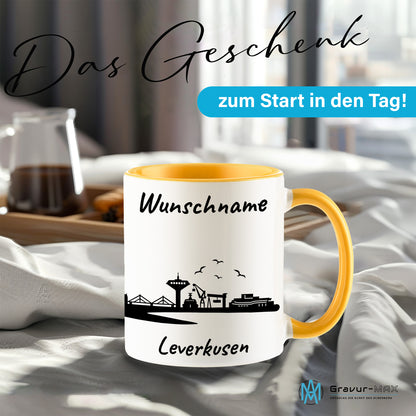 Tasse in Goldgelb 330ml bedruckt mit der Skyline von Leverkusen personalisierbar mit Wunschname