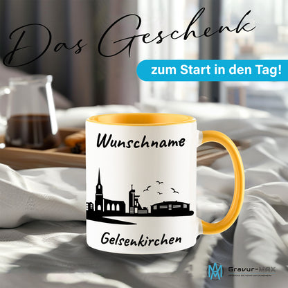 Tasse in Goldgelb 330ml bedruckt mit der Skyline von Gelsenkirchen personalisierbar mit Wunschname