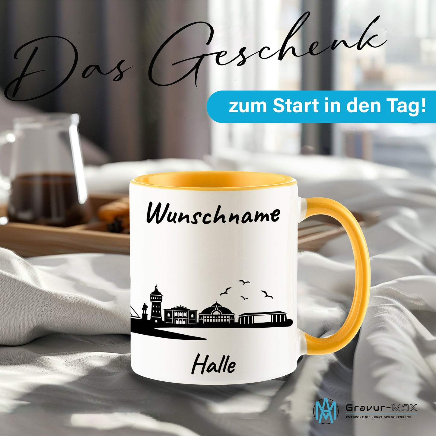 Tasse in Goldgelb 330ml bedruckt mit der Skyline von Halle personalisierbar mit Wunschname