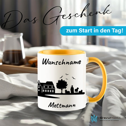 Tasse in Goldgelb 330ml bedruckt mit der Skyline von Mettmann personalisierbar mit Wunschname