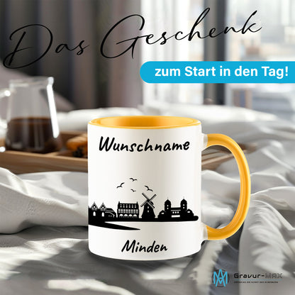 Tasse in Goldgelb 330ml bedruckt mit der Skyline von Minden personalisierbar mit Wunschname