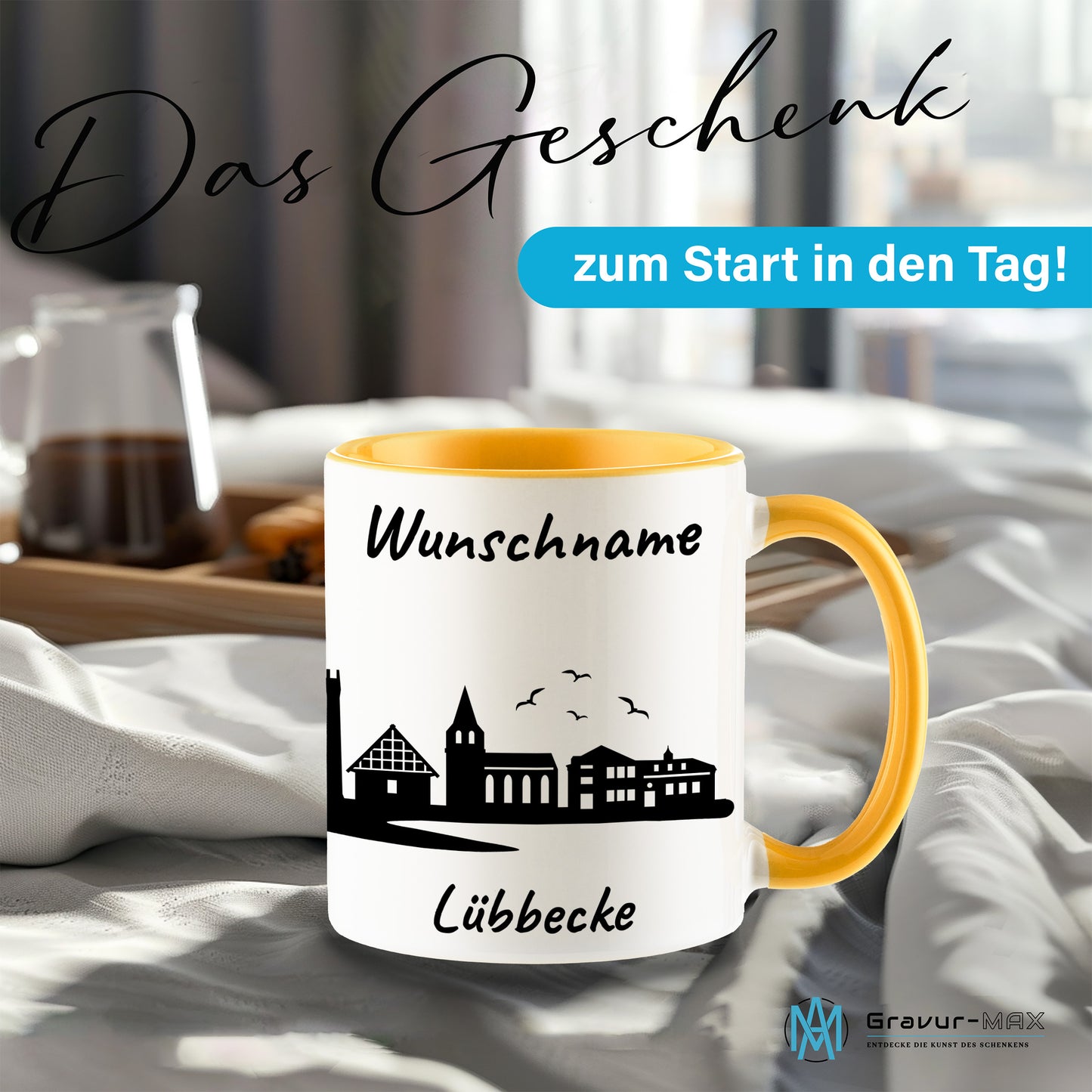 Tasse in Goldgelb 330ml bedruckt mit der Skyline von Lübbecke personalisierbar mit Wunschname