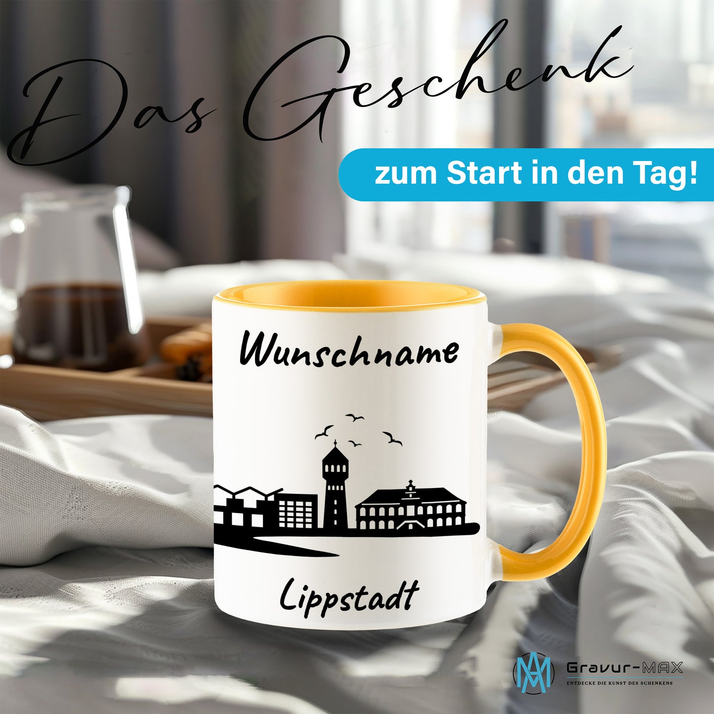 Tasse in Goldgelb 330ml bedruckt mit der Skyline von Lippstadt personalisierbar mit Wunschname