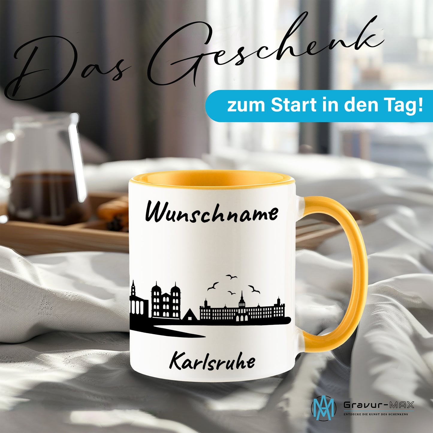 Tasse in Goldgelb 330ml bedruckt mit der Skyline von Karlsruhe personalisierbar mit Wunschname