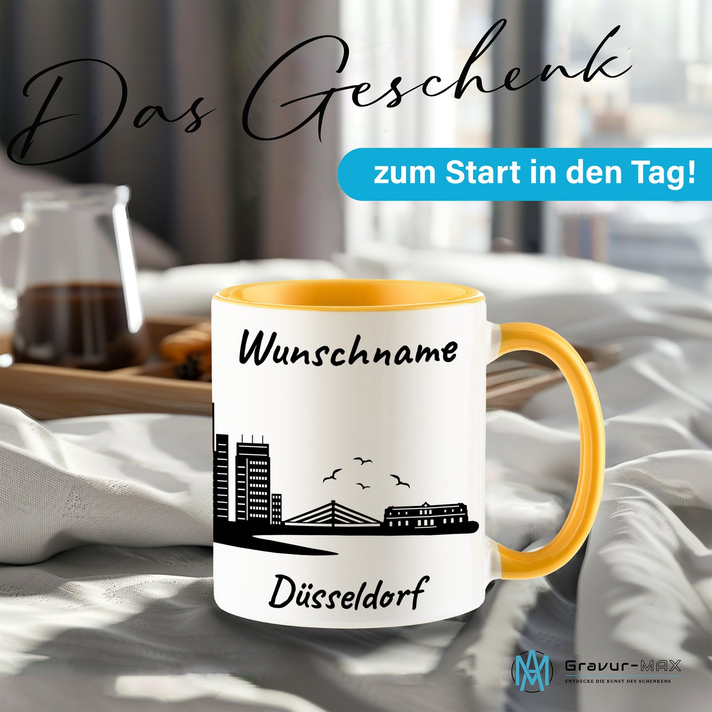 Tasse in Goldgelb 330ml bedruckt mit der Skyline von Düsseldorf personalisierbar mit Wunschname