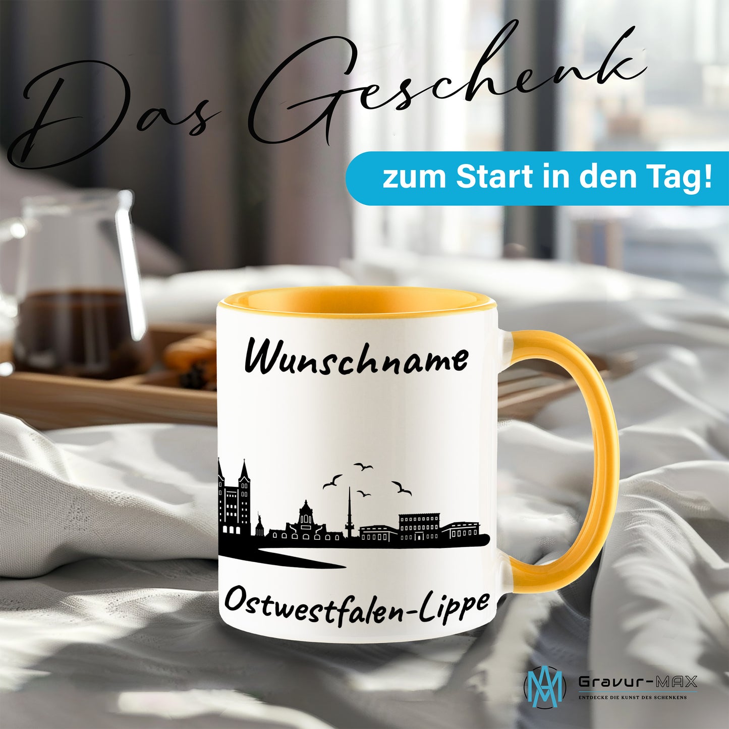 Tasse in Goldgelb 330ml bedruckt mit der Skyline von Ostwestfalen-Lippe personalisierbar mit Wunschname