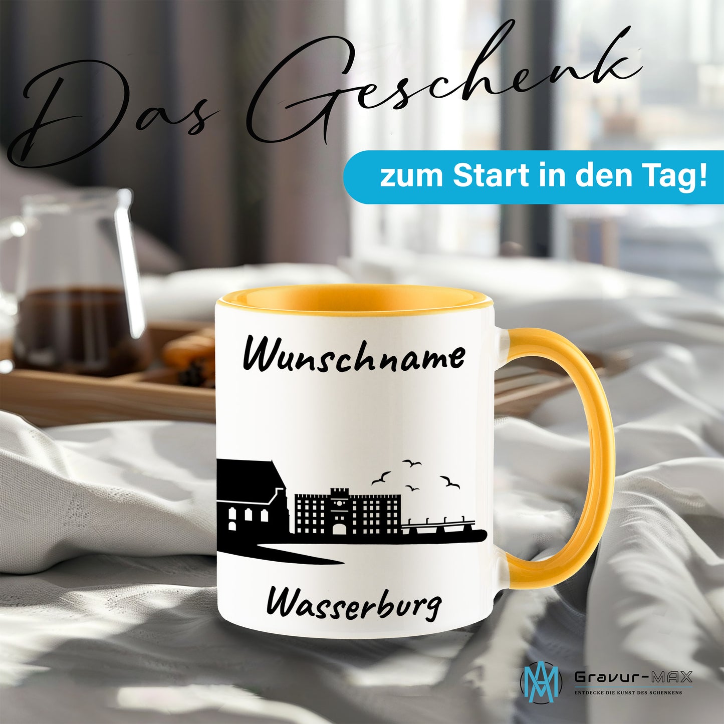Tasse in Goldgelb 330ml bedruckt mit der Skyline von Wasserburg personalisierbar mit Wunschname