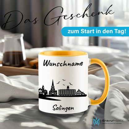Tasse in Goldgelb 330ml bedruckt mit der Skyline von Solingen personalisierbar mit Wunschname