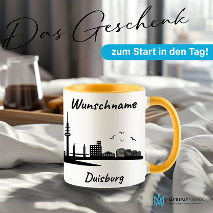 Tasse in Goldgelb 330ml bedruckt mit der Skyline von Duisburg personalisierbar mit Wunschname