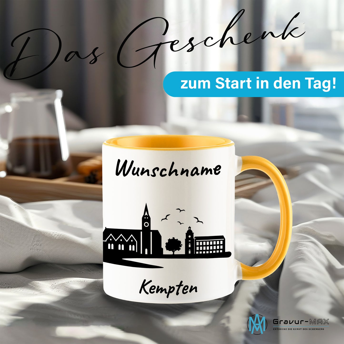 Tasse in Goldgelb 330ml bedruckt mit der Skyline von Kempten personalisierbar mit Wunschname