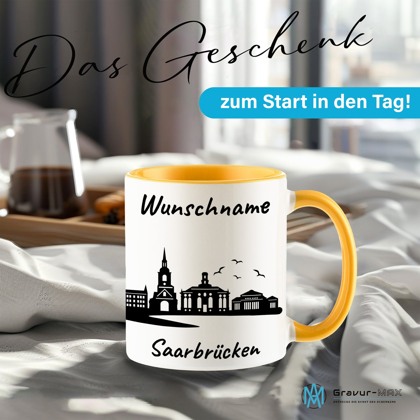 Tasse in Goldgelb 330ml bedruckt mit der Skyline von Saarbrücken personalisierbar mit Wunschname