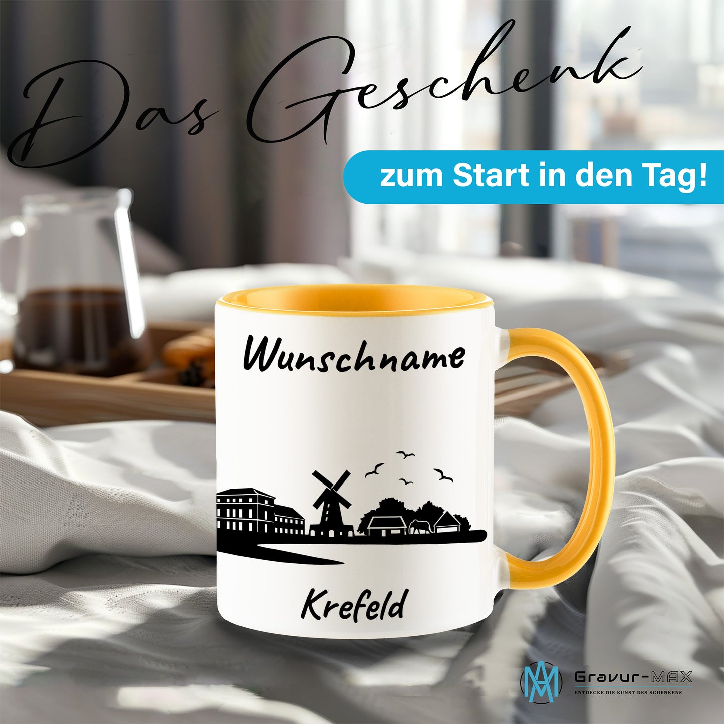 Tasse in Goldgelb 330ml bedruckt mit der Skyline von Krefeld personalisierbar mit Wunschname