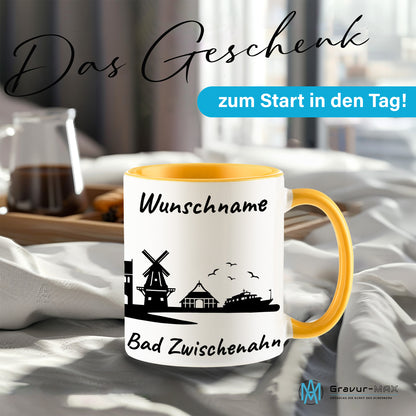 Tasse in Goldgelb 330ml bedruckt mit der Skyline von Bad Zwischenahn personalisierbar mit Wunschname