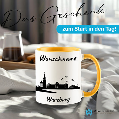 Tasse in Goldgelb 330ml bedruckt mit der Skyline von Würzburg personalisierbar mit Wunschname