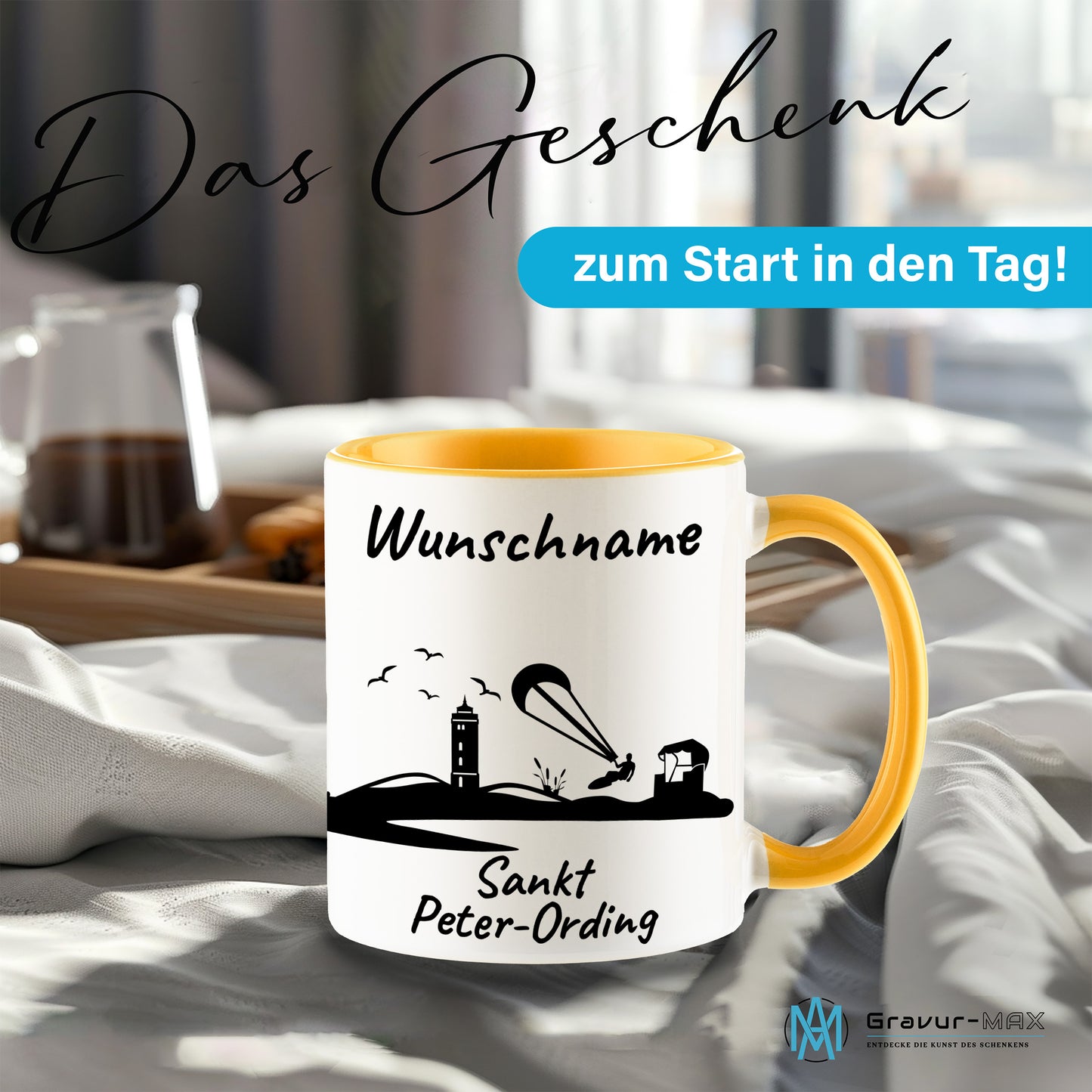 Tasse in Goldgelb 330ml bedruckt mit der Skyline von Sankt Peter-Ording personalisierbar mit Wunschname
