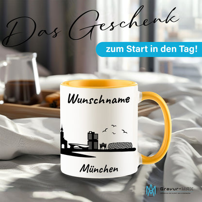 Tasse in Goldgelb 330ml bedruckt mit der Skyline von München personalisierbar mit Wunschname