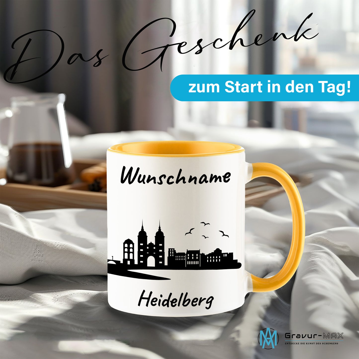 Tasse in Goldgelb 330ml bedruckt mit der Skyline von Heidelberg personalisierbar mit Wunschname