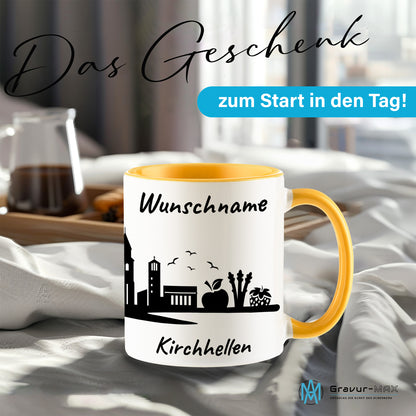 Tasse in Goldgelb 330ml bedruckt mit der Skyline von Kirchhellen personalisierbar mit Wunschname