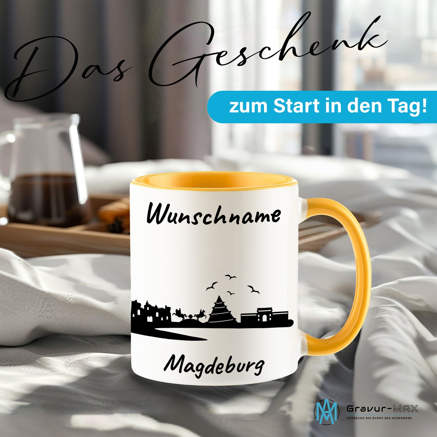 Tasse in Goldgelb 330ml bedruckt mit der Skyline von Magdeburg personalisierbar mit Wunschname