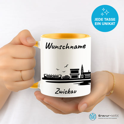 Tasse in Goldgelb 330ml bedruckt mit der Skyline von Zwickau personalisierbar mit Wunschname