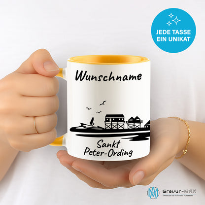 Tasse in Goldgelb 330ml bedruckt mit der Skyline von Sankt Peter-Ording personalisierbar mit Wunschname