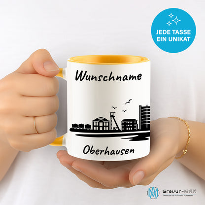 Tasse in Goldgelb 330ml bedruckt mit der Skyline von Oberhausen personalisierbar mit Wunschname