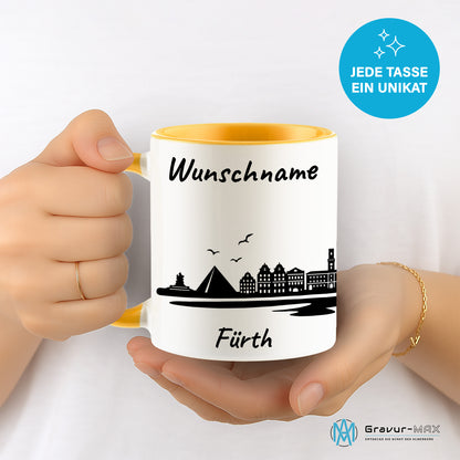 Tasse in Goldgelb 330ml bedruckt mit der Skyline von Fürth personalisierbar mit Wunschname