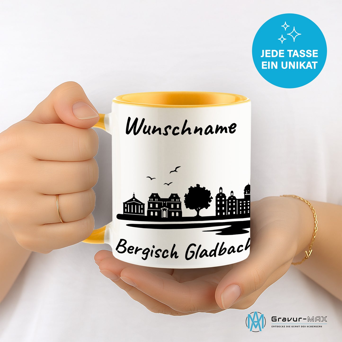 Tasse in Goldgelb 330ml bedruckt mit der Skyline von Bergisch Gladbach personalisierbar mit Wunschname