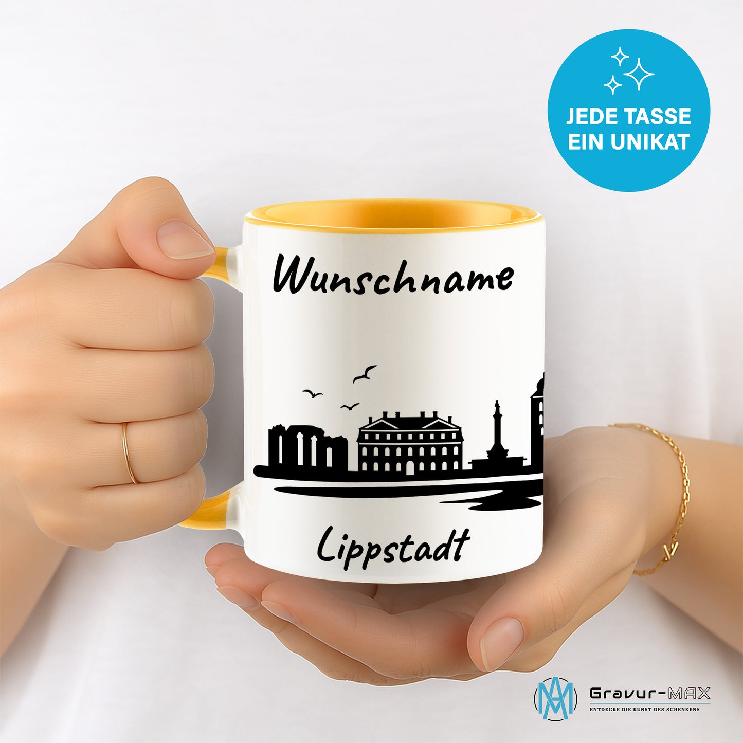 Tasse in Goldgelb 330ml bedruckt mit der Skyline von Lippstadt personalisierbar mit Wunschname