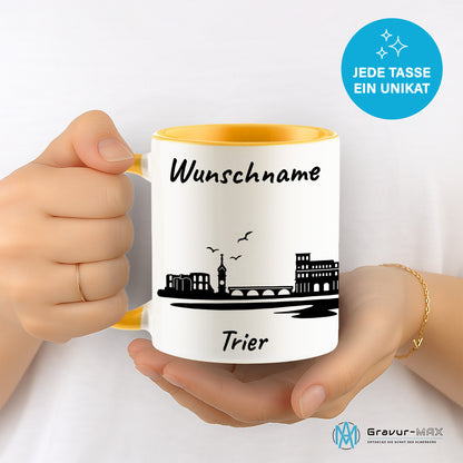 Tasse in Goldgelb 330ml bedruckt mit der Skyline von Trier personalisierbar mit Wunschname