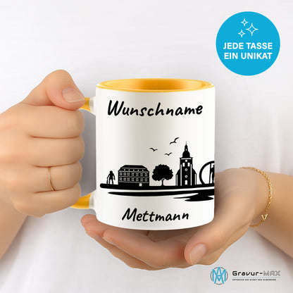 Tasse in Goldgelb 330ml bedruckt mit der Skyline von Mettmann personalisierbar mit Wunschname