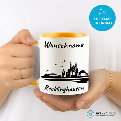 Tasse in Goldgelb 330ml bedruckt mit der Skyline von Recklinghausen personalisierbar mit Wunschname