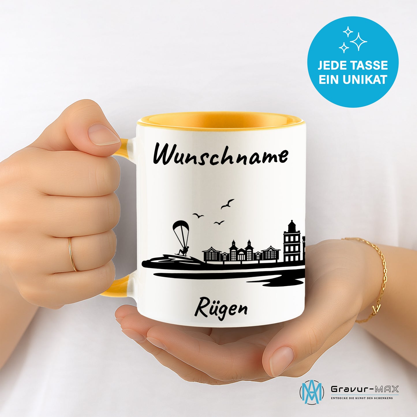Tasse in Goldgelb 330ml bedruckt mit der Skyline von Rügen personalisierbar mit Wunschname