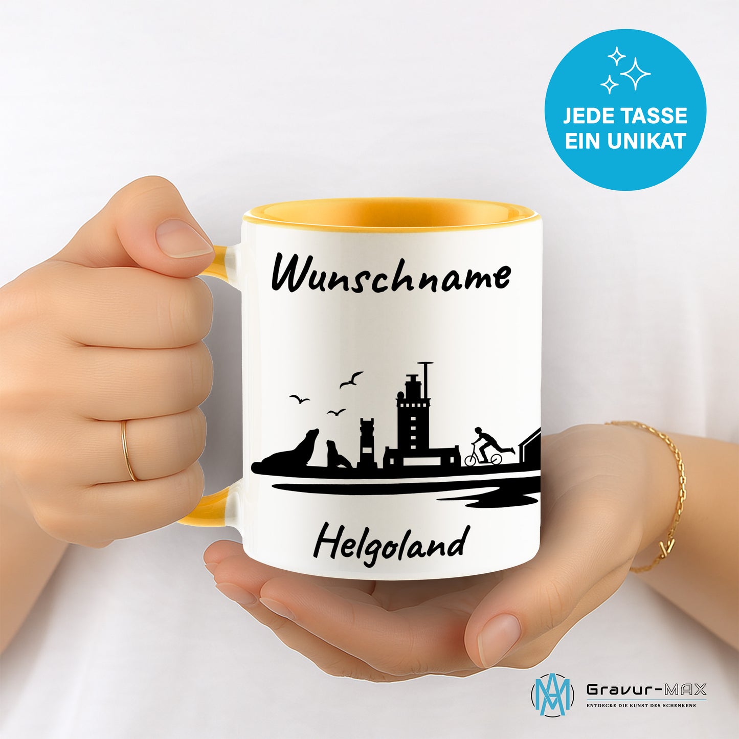 Tasse in Goldgelb 330ml bedruckt mit der Skyline von Helgoland personalisierbar mit Wunschname