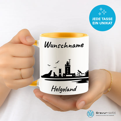 Tasse in Goldgelb 330ml bedruckt mit der Skyline von Helgoland personalisierbar mit Wunschname