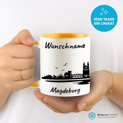 Tasse in Goldgelb 330ml bedruckt mit der Skyline von Magdeburg personalisierbar mit Wunschname