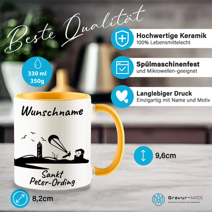 Tasse in Goldgelb 330ml bedruckt mit der Skyline von Sankt Peter-Ording personalisierbar mit Wunschname