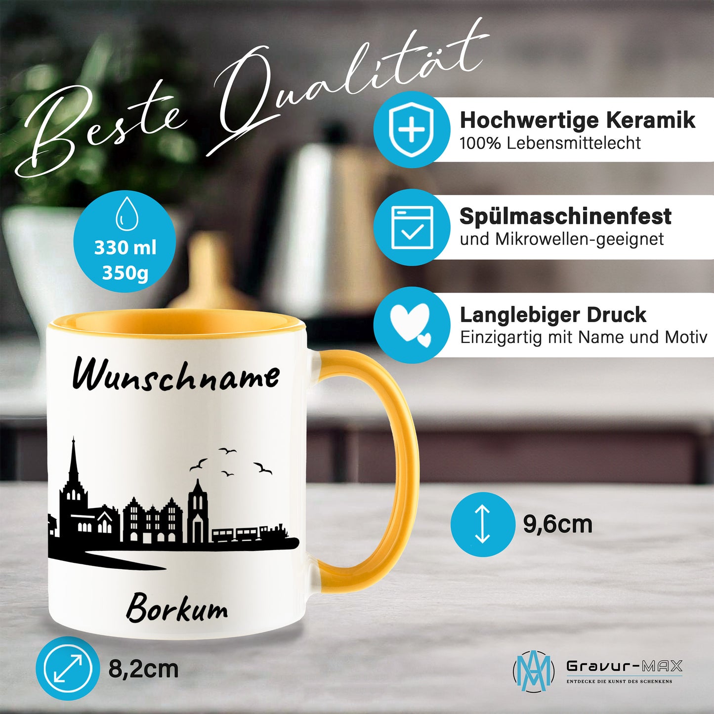 Tasse in Goldgelb 330ml bedruckt mit der Skyline von Borkum personalisierbar mit Wunschname