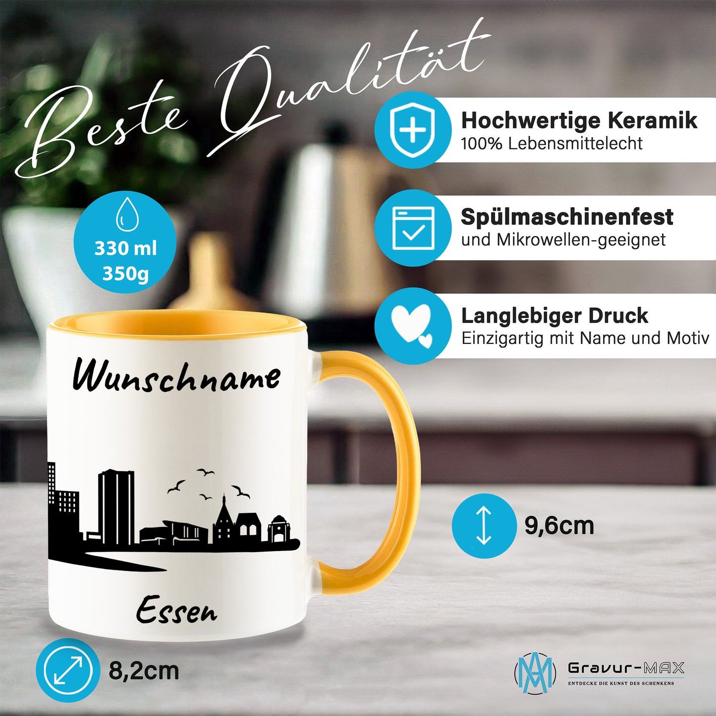 Tasse in Goldgelb 330ml bedruckt mit der Skyline von Essen personalisierbar mit Wunschname