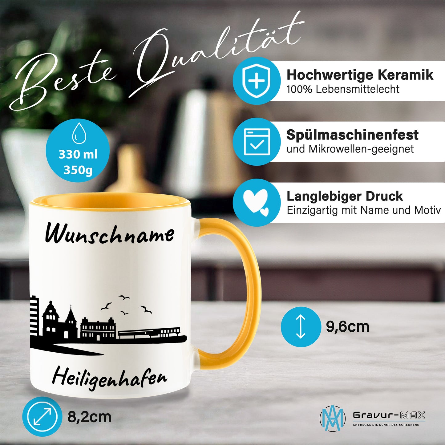 Tasse in Goldgelb 330ml bedruckt mit der Skyline von Heiligenhafen personalisierbar mit Wunschname