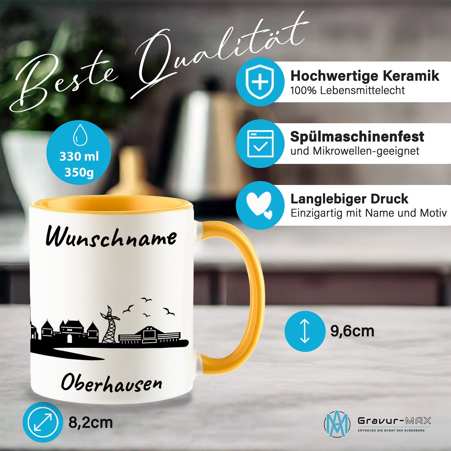 Tasse in Goldgelb 330ml bedruckt mit der Skyline von Oberhausen personalisierbar mit Wunschname